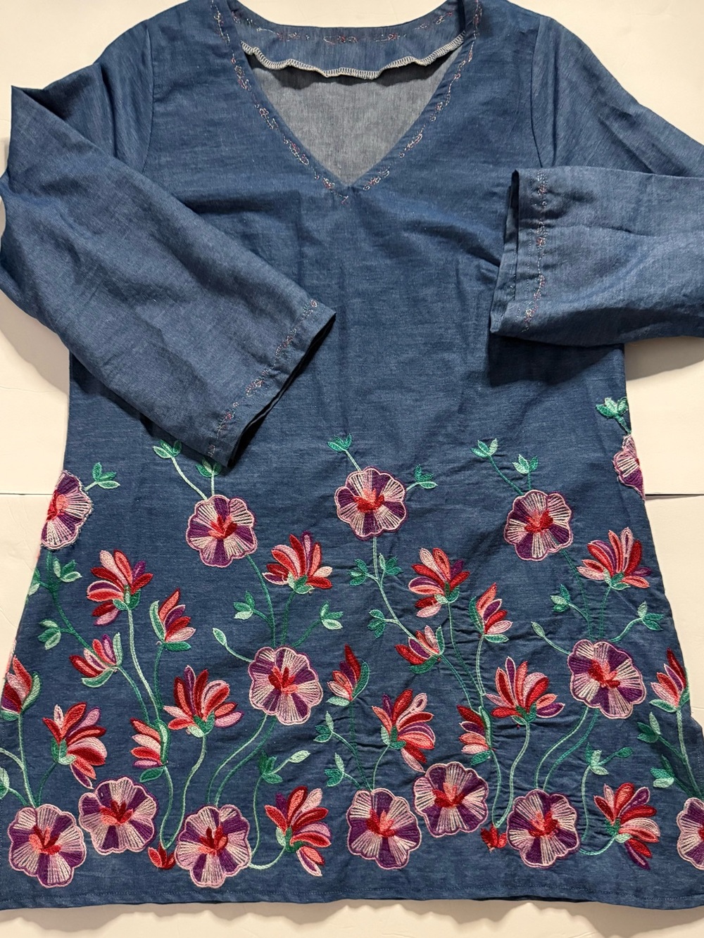 Boho Tunic Medium Embroidered Flowers Lightweight Cotton Denim Garden Peasant